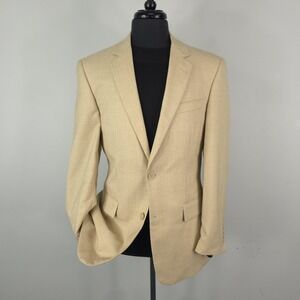 Andrew Fezza Blazer Mens 38R Beige Linen Blend Herringbone Sport Coat Jacket